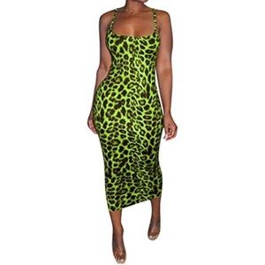 RELA BOTA Green Leopard Print Spaghetti Strap Bodycon Midi Dress - NWT